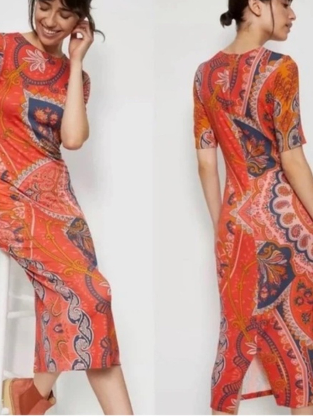 Farm Rio Anthropologie Giannina Knot Coral Orange Paisley Midi Dress